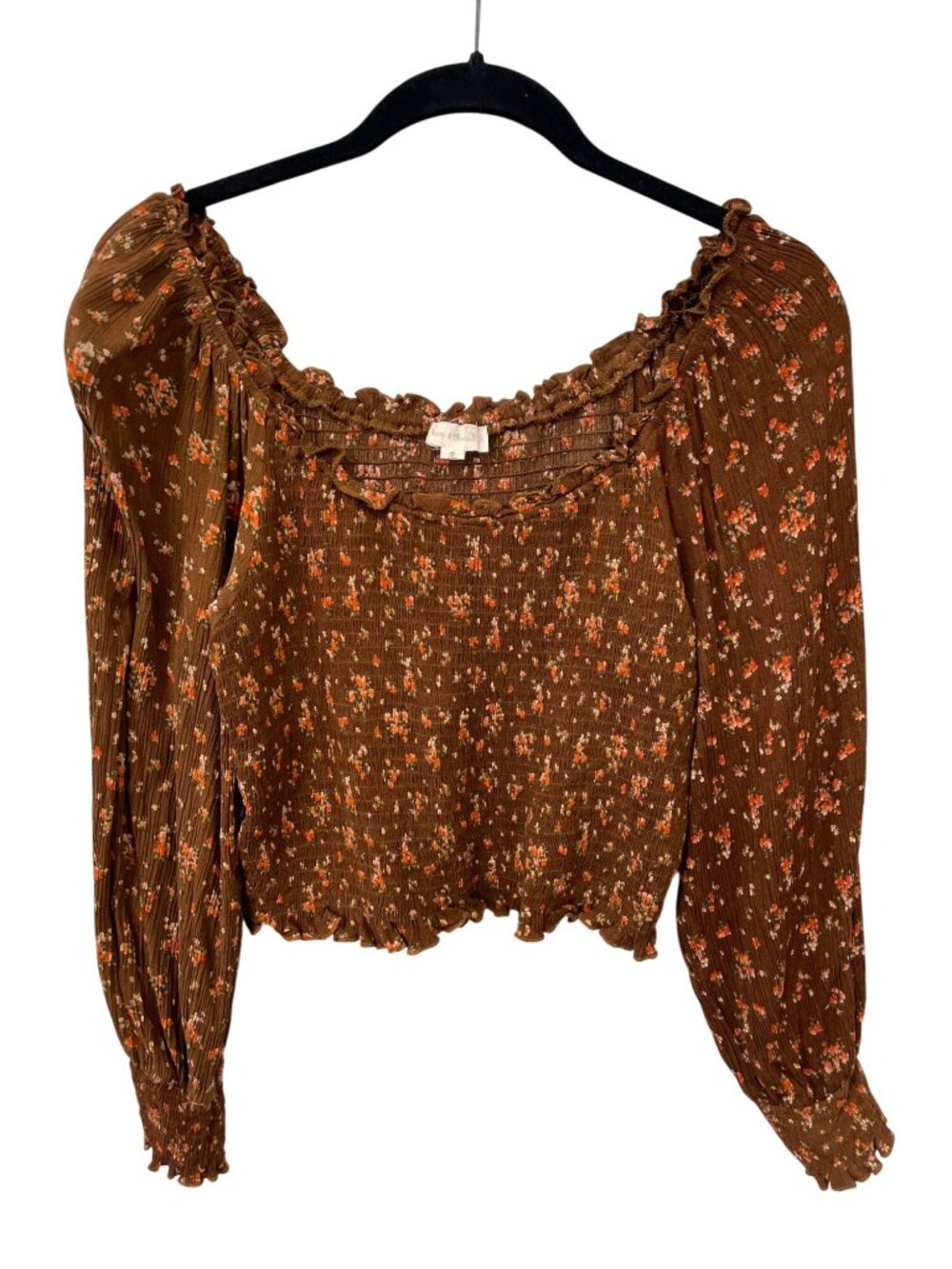 Hem & Thread Blouse Medium Floral Smocked Long Sleeve Top Brown Bohemian Hippie